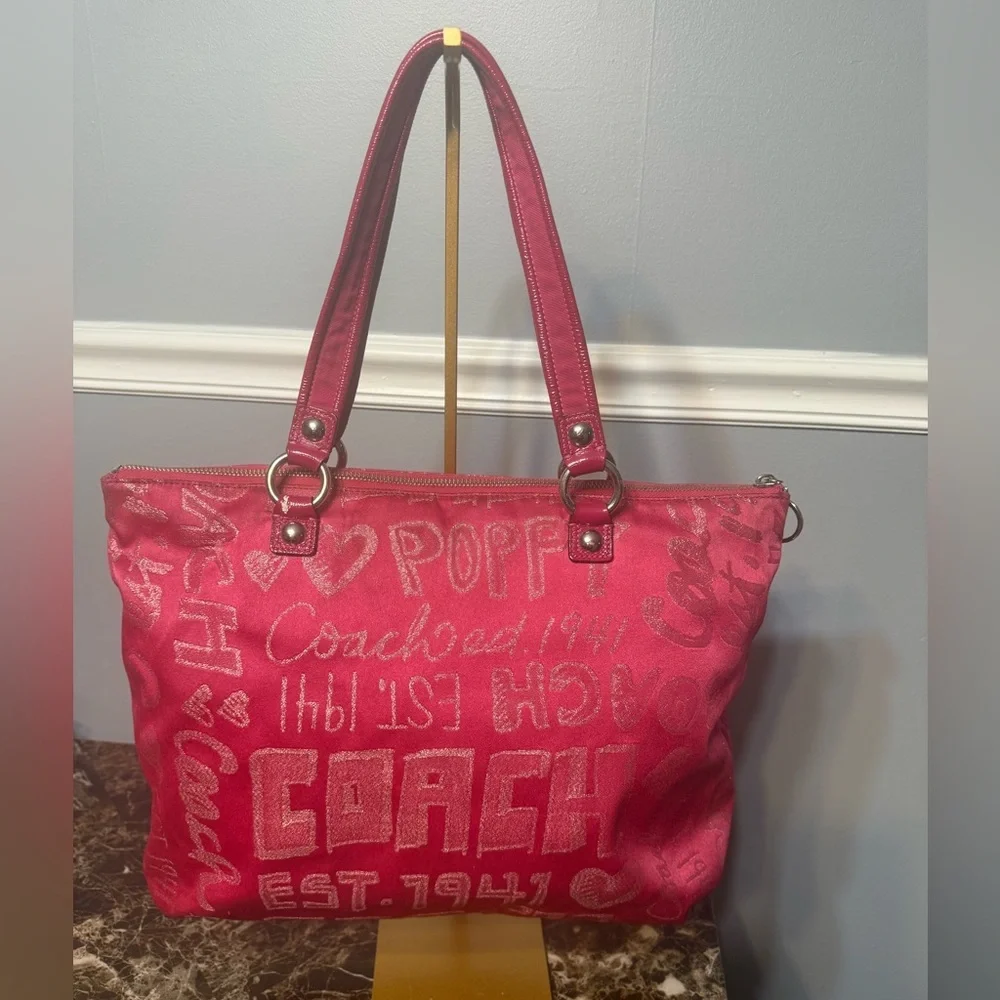 Coach Poppy Storypatch Glam Tote Hot Pink Jacquard Metallic Trim 2010